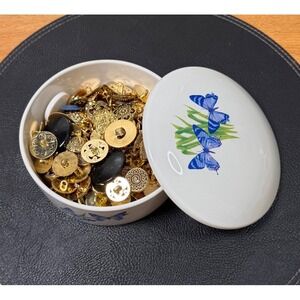 Vintage FTD Butterfly Ceramic Trinket Jar with Lid Filled‎ with Buttons